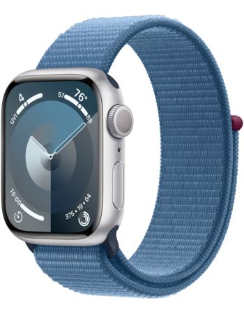 Apple Watch Series 9, 41 мм, корпус из алюминия серебристого цвета, нейлоновый ремешок цвета «ледяной синий»