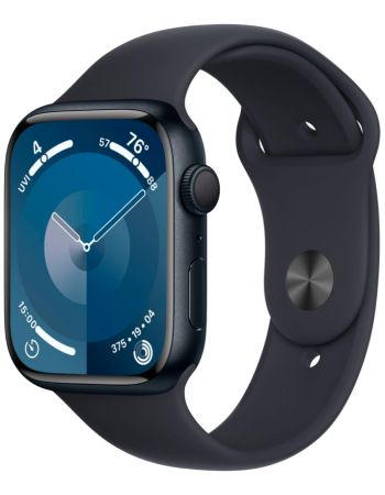 Apple Watch Series 9, 45 мм, корпус из алюминия цвета «тёмная ночь», спортивный ремешок цвета «тёмная ночь», размер S/M